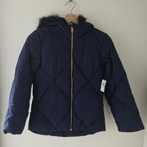 Old Navy Blue Girl's Quilted Puffer Jacket With Faux Fur Trim SZ Large (10-12)